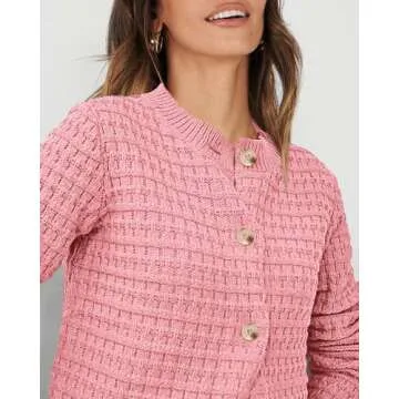 PRETTYGARDEN Women's Knit Cardigan Sweaters Casual Long Sleeve Open Front Button Down Trendy Jackets Outerwear (Pink,Large)