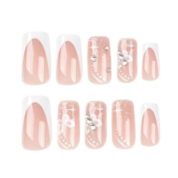 Hkanlre Medium Press on Nails Flower Fake Nails Tips Full Cover False Square French Nails for Women and Girls 24PCS