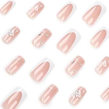 Hkanlre Medium Press on Nails Flower Fake Nails Tips Full Cover False Square French Nails for Women and Girls 24PCS