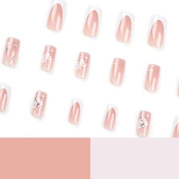 Hkanlre Medium Press on Nails Flower Fake Nails Tips Full Cover False Square French Nails for Women and Girls 24PCS