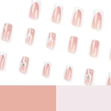 Hkanlre Medium Press on Nails Flower Fake Nails Tips Full Cover False Square French Nails for Women and Girls 24PCS