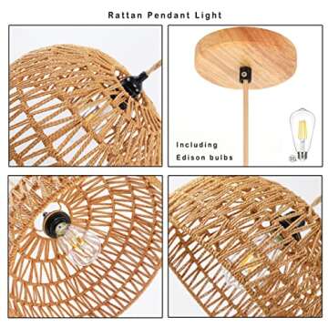 QIYIZM Rattan Pendant Light Fixture Wicker Chandelier for Kitchen Island,Farmhouse,Boho Woven Hanging Ceiling Lights Hand-Worked Bamboo Basket Lamp Shade Hanging Lamp for Living Room,Bedroom12.8 x 8IN