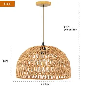 QIYIZM Rattan Pendant Light Fixture Wicker Chandelier for Kitchen Island,Farmhouse,Boho Woven Hanging Ceiling Lights Hand-Worked Bamboo Basket Lamp Shade Hanging Lamp for Living Room,Bedroom12.8 x 8IN