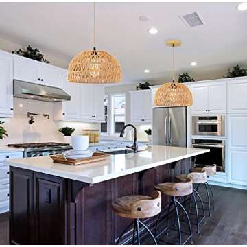 QIYIZM Rattan Pendant Light Fixture Wicker Chandelier for Kitchen Island,Farmhouse,Boho Woven Hanging Ceiling Lights Hand-Worked Bamboo Basket Lamp Shade Hanging Lamp for Living Room,Bedroom12.8 x 8IN