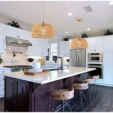 QIYIZM Rattan Pendant Light Fixture Wicker Chandelier for Kitchen Island,Farmhouse,Boho Woven Hanging Ceiling Lights Hand-Worked Bamboo Basket Lamp Shade Hanging Lamp for Living Room,Bedroom12.8 x 8IN