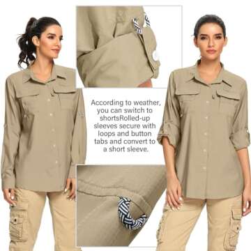 Jessie Kidden Women's UPF 50+ UV Sun Protection Safari Shirt, Long Sleeve Outdoor Cool Quick Dry Fishing Hiking Gardening Shirts (5055 Khaki S)