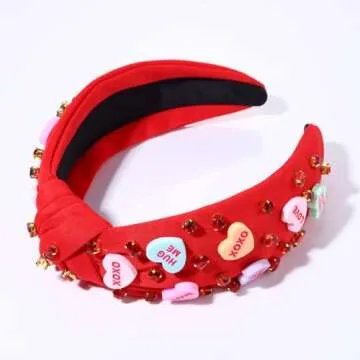 NVENF Women's Jeweled Crystal Rhinestone Knotted Heart Top Knot Hair Accessories (Letter 1 - Red)