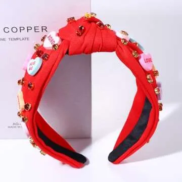 NVENF Women's Jeweled Crystal Rhinestone Knotted Heart Top Knot Hair Accessories (Letter 1 - Red)