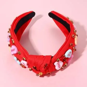 NVENF Women's Jeweled Crystal Rhinestone Knotted Heart Top Knot Hair Accessories (Letter 1 - Red)