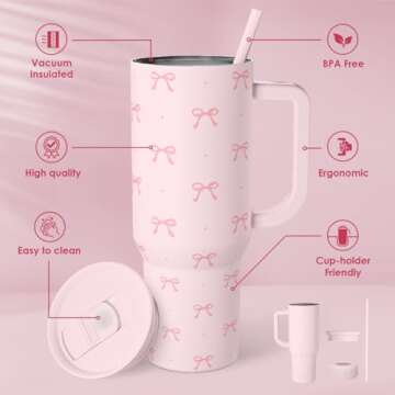 SANDJEST Gift for Women Girls - Coquette Bow Stainless Steel Tumbler with Handle, Travel Coffee Mug ...