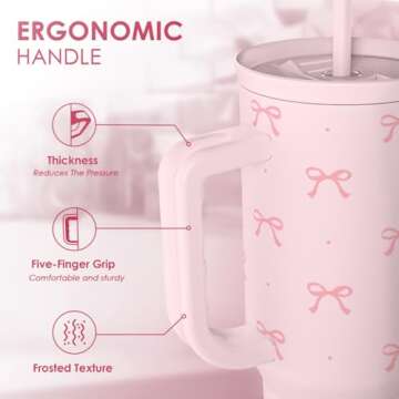 SANDJEST Gift for Women Girls - Coquette Bow Stainless Steel Tumbler with Handle, Travel Coffee Mug - Gifts for Birthday Christmas, 40oz