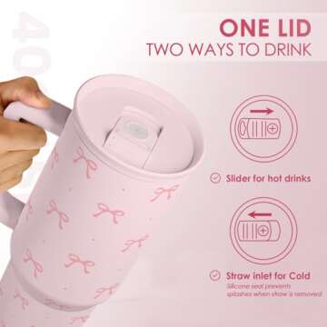 SANDJEST Gift for Women Girls - Coquette Bow Stainless Steel Tumbler with Handle, Travel Coffee Mug - Gifts for Birthday Christmas, 40oz
