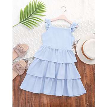 LIONJIE Girls Summer Dresses Sleeveless Square Neck Ruffle Backless Tie Back Casual High Waist Dress Blue 7-8Y