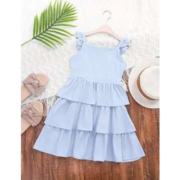 LIONJIE Girls Summer Dresses Sleeveless Square Neck Ruffle Backless Tie Back Casual High Waist Dress Blue 7-8Y