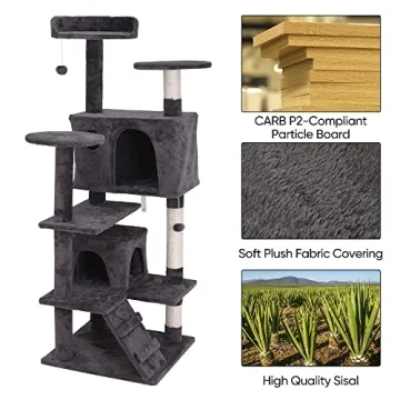 ZENY 54 Inch Cat Tree, Indoor Cat Tower Condo, Multi-Level Cat House with Sisal-Covered Scratching Post + 2 Play House, Pet Cat Furniture, Grey