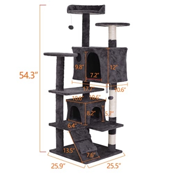 ZENY 54 Inch Cat Tree, Indoor Cat Tower Condo, Multi-Level Cat House with Sisal-Covered Scratching Post + 2 Play House, Pet Cat Furniture, Grey