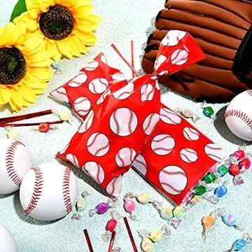 Outus 100 Pcs Baseball Cellophane Bags Baseball Goodie Bags Red Baseball Party Favor Bag Baseball Snacks Treat Candy Bags Sport Ball Plastic Bags with Twist Ties for Baseball Party Decoration Supplies