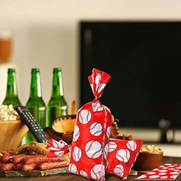 Outus 100 Pcs Baseball Cellophane Bags Baseball Goodie Bags Red Baseball Party Favor Bag Baseball Snacks Treat Candy Bags Sport Ball Plastic Bags with Twist Ties for Baseball Party Decoration Supplies