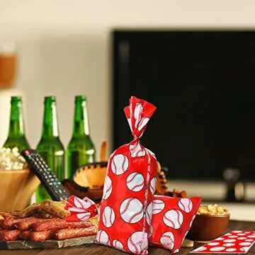 Outus 100 Pcs Baseball Cellophane Bags Baseball Goodie Bags Red Baseball Party Favor Bag Baseball Snacks Treat Candy Bags Sport Ball Plastic Bags with Twist Ties for Baseball Party Decoration Supplies