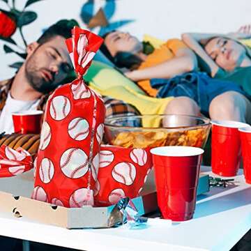 Outus 100 Pcs Baseball Cellophane Bags Baseball Goodie Bags Red Baseball Party Favor Bag Baseball Snacks Treat Candy Bags Sport Ball Plastic Bags with Twist Ties for Baseball Party Decoration Supplies