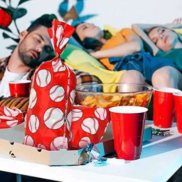 Outus 100 Pcs Baseball Cellophane Bags Baseball Goodie Bags Red Baseball Party Favor Bag Baseball Snacks Treat Candy Bags Sport Ball Plastic Bags with Twist Ties for Baseball Party Decoration Supplies