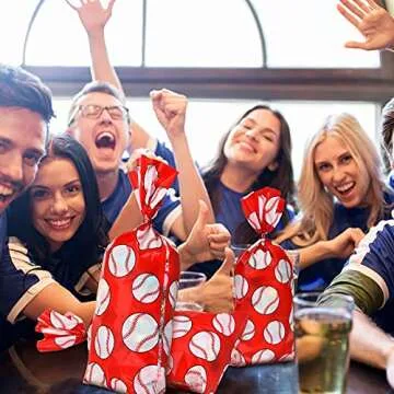 Outus 100 Pcs Baseball Cellophane Bags Baseball Goodie Bags Red Baseball Party Favor Bag Baseball Snacks Treat Candy Bags Sport Ball Plastic Bags with Twist Ties for Baseball Party Decoration Supplies