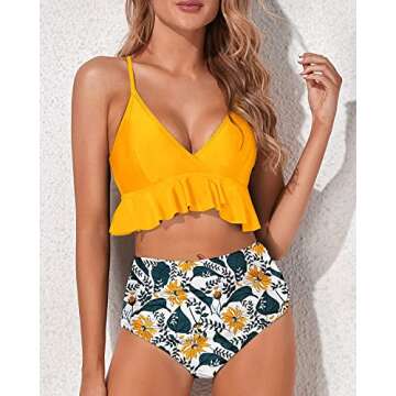 Stylish Tempt Me Yellow Two Piece Ruffle Swimsuit