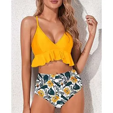 Stylish Tempt Me Yellow Two Piece Ruffle Swimsuit