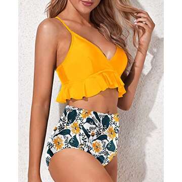 Stylish Tempt Me Yellow Two Piece Ruffle Swimsuit