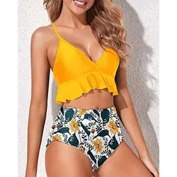 Stylish Tempt Me Yellow Two Piece Ruffle Swimsuit
