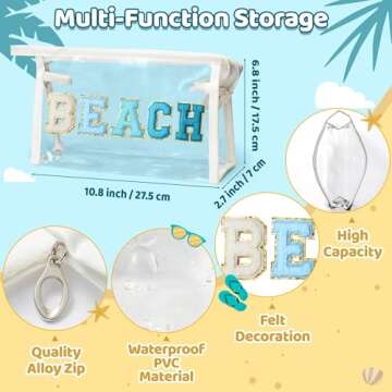 Belanttega Preppy Patch Cosmetic Bag - Beach Chenille Varsity Letter Clear Toiletry Bag Aesthetic Wa...