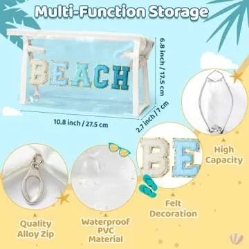 Belanttega Preppy Patch Cosmetic Bag - Beach Chenille Varsity Letter Clear Toiletry Bag Aesthetic Wa...