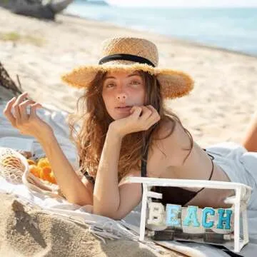 Belanttega Preppy Patch Cosmetic Bag - Beach Chenille Varsity Letter Clear Toiletry Bag Aesthetic Waterproof Portable Makeup Bag Clutch Purse Travel Bag for Women