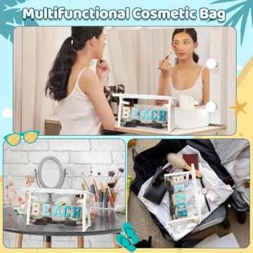 Belanttega Preppy Patch Cosmetic Bag - Beach Chenille Varsity Letter Clear Toiletry Bag Aesthetic Waterproof Portable Makeup Bag Clutch Purse Travel Bag for Women