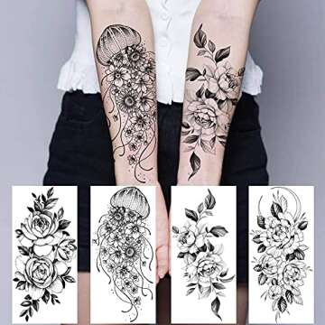 Bilizar 64 Sheets Long Lasting Flower Temporary Fake Tattoos For Women Arm Neck, Jellyfish Sunflower...
