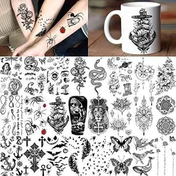 Bilizar 64 Sheets Long Lasting Flower Temporary Fake Tattoos For Women Arm Neck, Jellyfish Sunflower Moon Rose For Adults Girl, 3D Temp Realistic Snake Tatoo Stickers Serpent Peony Floral Kids