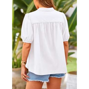 PRETTYGARDEN Women's Summer Button Down Shirts Short Lantern Sleeve V Neck Cotton Cute Dressy Casual Ladies Tops Blouses (White,Small)