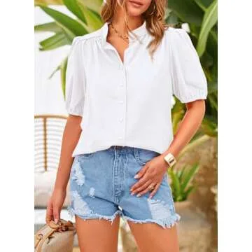 PRETTYGARDEN Women's Summer Button Down Shirts Short Lantern Sleeve V Neck Cotton Cute Dressy Casual Ladies Tops Blouses (White,Small)