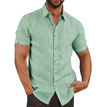 JEKAOYI Button Down Short Sleeve Linen Shirts for Men Summer Casual Cotton Spread Collar Beach Shirt...