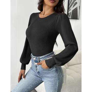 Zeagoo Women 2024 Long Puff Sleeve Sweater Fall Slim Fit Pullover Tops Crewneck Ribbed Knit Bodysuit Jumpsuit Black Small