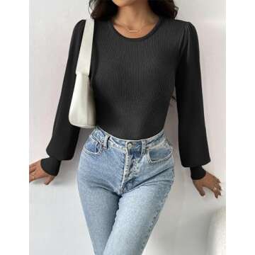 Zeagoo Women 2024 Long Puff Sleeve Sweater Fall Slim Fit Pullover Tops Crewneck Ribbed Knit Bodysuit Jumpsuit Black Small