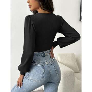 Zeagoo Women 2024 Long Puff Sleeve Sweater Fall Slim Fit Pullover Tops Crewneck Ribbed Knit Bodysuit Jumpsuit Black Small