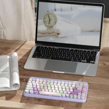 UBOTIE Portable Bluetooth Colorful Computer Keyboards, Wireless Mini Compact Retro Typewriter Flexible 84Keys Design Keyboard (Purple-Colorful)