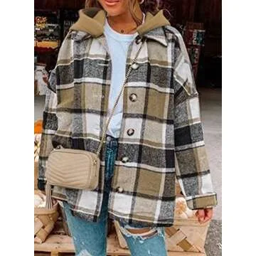 SHEWIN Women's Plaid Hooded Flannel Shirt for Fall