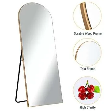 NeuType 59"x20" Arched Full Length Mirror, Large Arched Wall Mirror Floor Mirror with Stand, Full Body Dressing Mirrors Standing Hanging or Leaning Against Wall, Arched-Top Wood Thin Frame, Gold