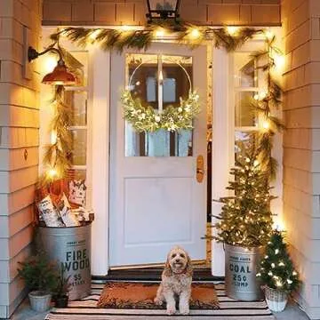 Christmas Silver Lighted Wreath,prelit Christmas Hoop Wreath, Modern Decor,Farmhouse Winter Wreath, 16inch Christmas Wreath for Front Door Outside with flameless Candle,Front Porch Decoration w/Light