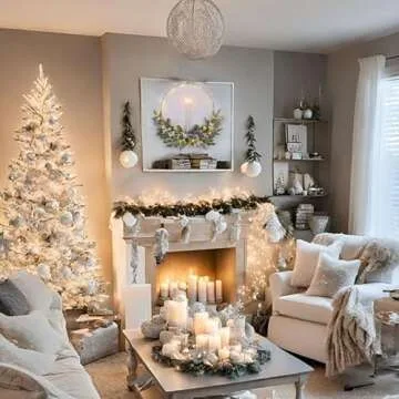 Christmas Silver Lighted Wreath,prelit Christmas Hoop Wreath, Modern Decor,Farmhouse Winter Wreath, 16inch Christmas Wreath for Front Door Outside with flameless Candle,Front Porch Decoration w/Light