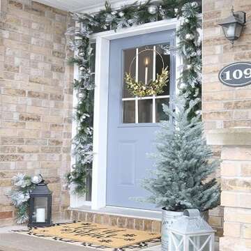 Christmas Silver Lighted Wreath,prelit Christmas Hoop Wreath, Modern Decor,Farmhouse Winter Wreath, 16inch Christmas Wreath for Front Door Outside with flameless Candle,Front Porch Decoration w/Light