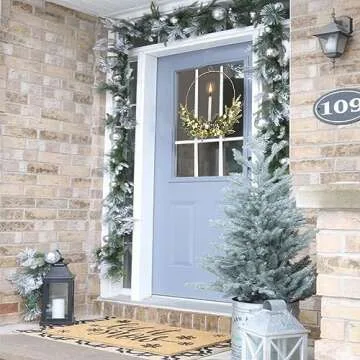 Christmas Silver Lighted Wreath,prelit Christmas Hoop Wreath, Modern Decor,Farmhouse Winter Wreath, 16inch Christmas Wreath for Front Door Outside with flameless Candle,Front Porch Decoration w/Light