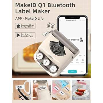 Makeid Q1 Label Maker Machine with Tape HD(300dpi), ONE-Click Time Printing Bluetooth Label Makers for Home Office, Compatible with iOS & Android - Clear Prints, Multiple Templates Font, Retro Design